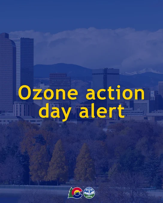yellow ozone action day alert text on blue background, over image of denver skyline, with mountains in the background. Logos at the bottom.