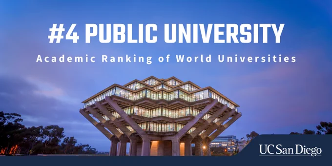 Evening view of the Geisel Library at UC San Diego with text stating '#4 Public University according to Academic Ranking of World Universities.'