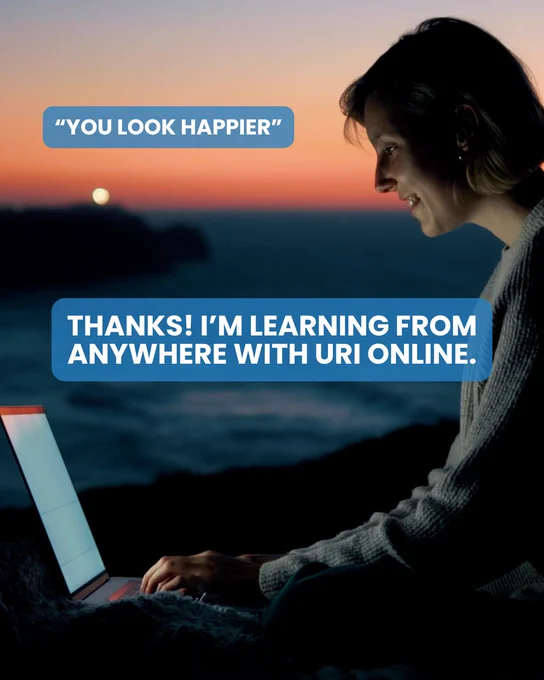 A person working on a laptop outdoors at sunset.

Transcribed Text:
"YOU LOOK HAPPIER"
"THANKS! I’M LEARNING FROM ANYWHERE WITH URI ONLINE."