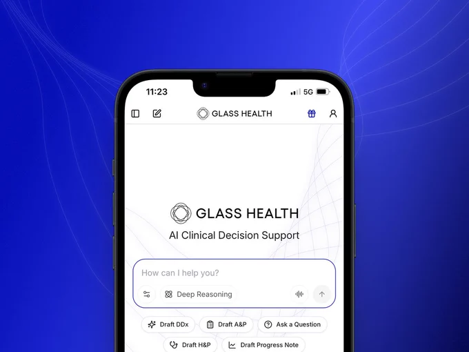 Smartphone displaying the Glass Health app interface on a blue gradient background. The screen shows the Glass Health logo with the text “AI Clinical Decision Support” and an input box labeled “How can I help you?” with a Deep Reasoning button and options to draft differentials, assessments and plans, and progress notes.