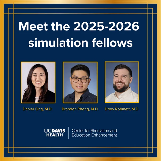 Graphic says "Meet the 2025-2026 simulation fellows" at the top. In the middle are photos of physicians Danier Ong, Brandon Phong and Drew Robinett. At the bottom is the simulation center logo. 