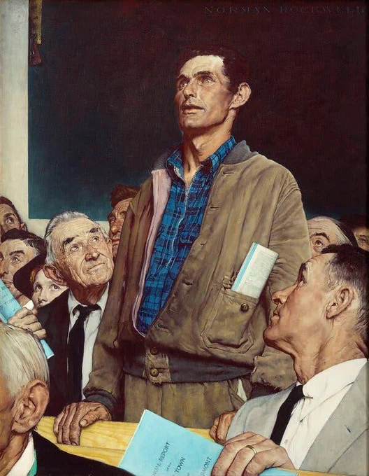 "Freedom of Speech" by Norman Rockwell, depicting a person standing and speaking at a town meeting, while others in the audience look on attentively.
