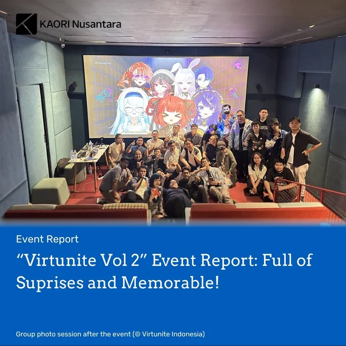 Header image from an article titled "“Virtunite Vol 2” Event Report: Full of Suprises and Memorable!". The picture shows a group photo session after the event (© Virtunite Indonesia). The article is tagged "Event Report". The logo of KAORI Nusantara is on top left in black.