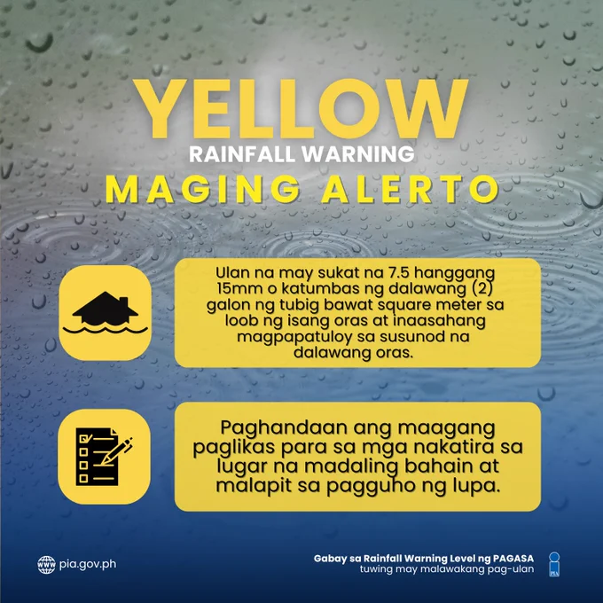 PAGASA: (10:30AM) Yellow Rainfall Warning is raised over Metro Manila.

Flooding is possible in flood-prone areas.
All are advised to stay updated with the latest weather bulletins from @dost_pagasa 

#WeatherAdvisory #WeatherUpdate #IsangPH
#PAGASA