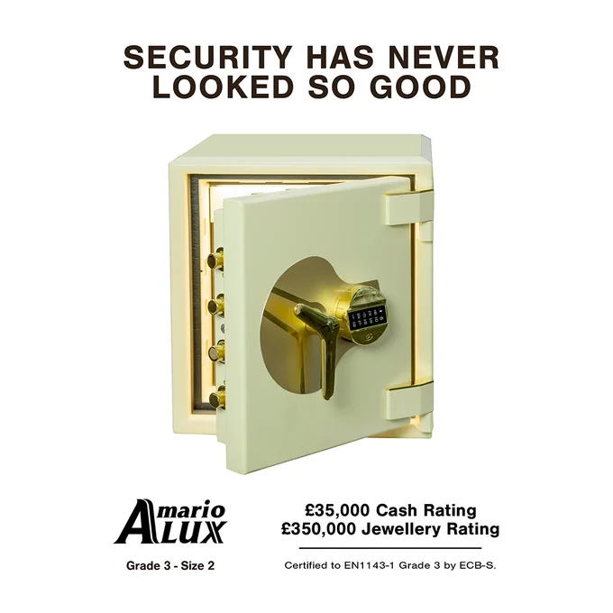 Luxury gold safe with digital lock partially open, showcasing high-end interior security bolts.
