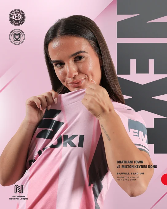'Next Up' graphic featuring an image of MK Dons Women midfielder Molly Lemon on a pink background. MK Dons Women vs Chatham Town Women, Sunday, 24th August 2:30pm, Bauvill Stadium, FA Women's National League Division One South East.