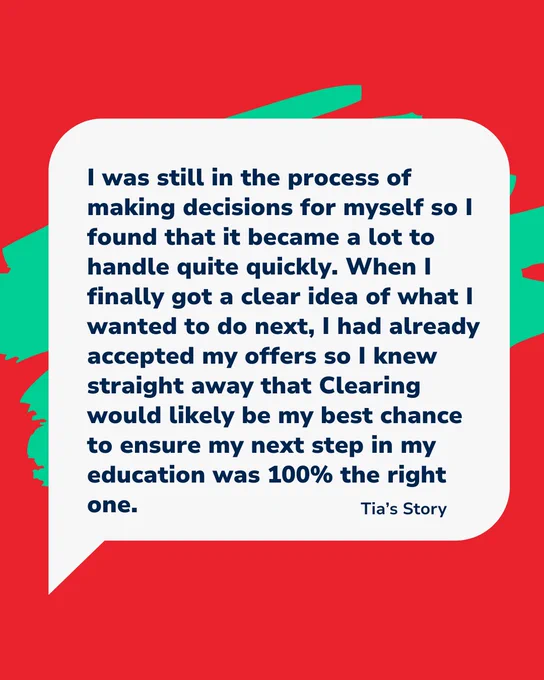 Graphic containing a text quote about personal decision-making in an educational journey, set against a blue and red speech bubble background.