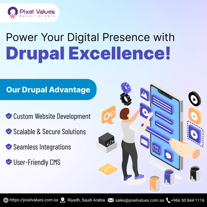 At Pixel Values Saudi Arabia, we bring innovation and reliability together with our Drupal Development Services.

✅ Custom Website Development – Tailored to your business needs
✅ Scalable & Secure Solutions – Built to grow with your brand
✅ Seamless Integrations – For smoother workflows & enhanced performance
✅ User-Friendly CMS – Easy content updates without technical hassle

Whether you’re a startup or an enterprise, Drupal gives you the flexibility, security, and performance your business deserves.

✨ Let’s build websites that don’t just look good but also deliver results.

📞 ‪ 966 50 844 1116‬
📩 sales@pixelvalues.com.sa

🌐 https://pixelvalues.com.sa

📍 Riyadh, Saudi Arabia

#DrupalDevelopment #WebDevelopment #PixelValues #SaudiArabia #DigitalTransformation #BusinessGrowth #EnterpriseSolutions #PixelValuesSaudiArabiya