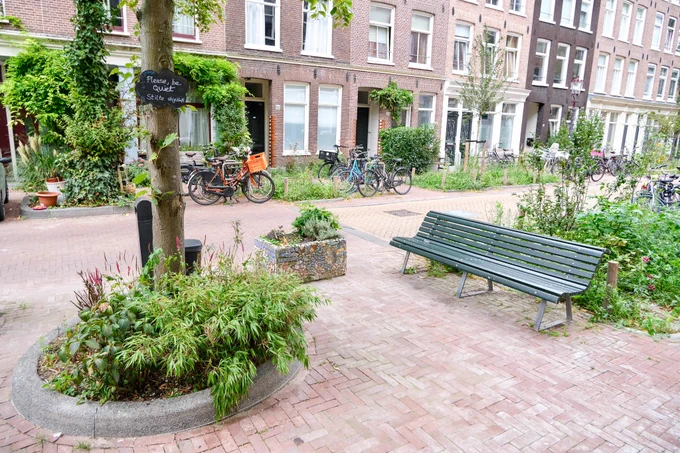 People of all ages and abilities walk, cycle, sit, and socialise along the residential streets of Amsterdam, which are lined with buildings, trees, flowers and plantings, benches, and terraces.