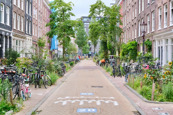 People of all ages and abilities walk, cycle, sit, and socialise along the residential streets of Amsterdam, which are lined with buildings, trees, flowers and plantings, benches, and terraces.