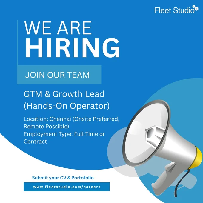 We are hiring; join our team. GTM & Growth Lead (Hand-On Operator)
Location: Chennai (Onsite Preferred, Remote Possible)
Employment Type: Full-Time or Contract
Submit your CV & Portofolio - www.fleetstudio.com/careers