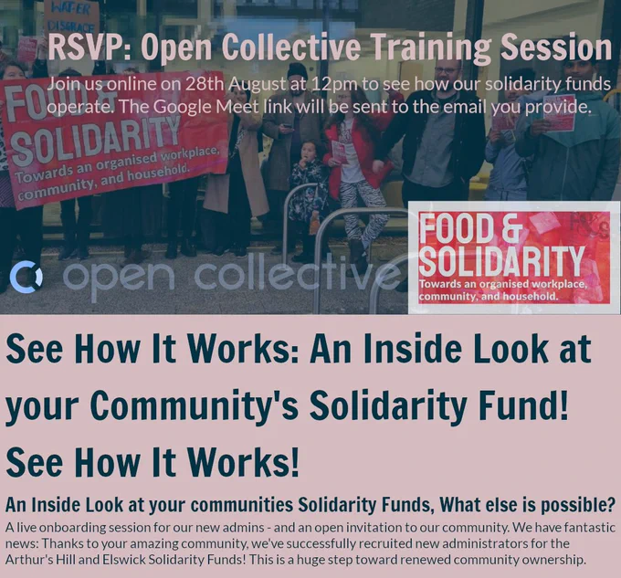 The background shows a group of people holding a large red banner that reads "FOOD & SOLIDARITY – Towards an organised workplace, community, and household." Overlaid text says: "RSVP: Open Collective Training Session. Join us online on 28th August at 12pm to see how our solidarity funds operate. The Google Meet link will be sent to the email you provide." At the bottom are the logos for Open Collective and Food & Solidarity. Other text repeated in the main body of the post!

