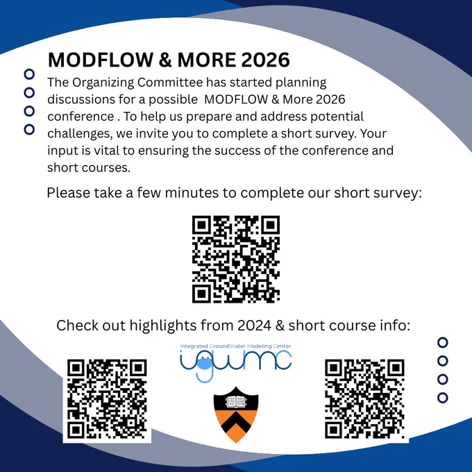 Promotional graphic with a blue curved border design. Text announces that the Organizing Committee has started planning discussions for a possible MODFLOW & More Conference in 2026 and invites people to complete a short survey to help guide early conversations. A central QR code links to the survey. Below, two additional QR codes provide access to highlights from 2024 and short course information. The bottom includes the IGWMC logo and the Princeton University shield.