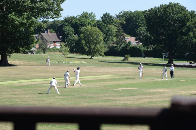 Oscar hits out as bowler, umpire, keeper and slip watch on. There are green trees beyond the boundary