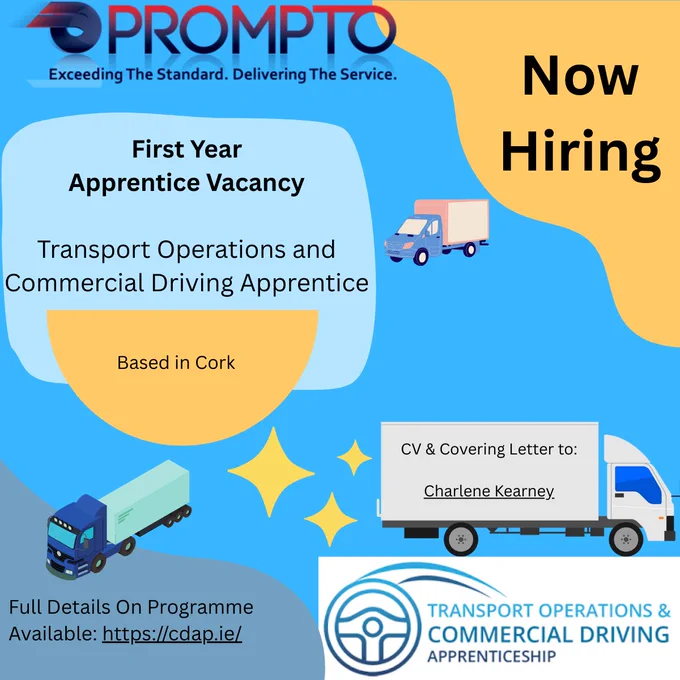 📢 We are delighted to announce an 🌟 excellent CDAP Apprenticeship opportunity with Prompto Dispatch Ltd, located in Cork.
👉🏼 They are now seeking to recruit a CDAP Apprentice to join their growing team. This is an excellent opportunity for the successful candidate to gain comprehensive industry experience through on-the-job training in a dynamic working environment four days a week, while attending ATU Sligo one day a week for online classroom learning. 

🌐 To find out more visit: https://cdap.ie/jobs/ 
📨 To apply send your CV & cover letter to: Charlene Kearney
