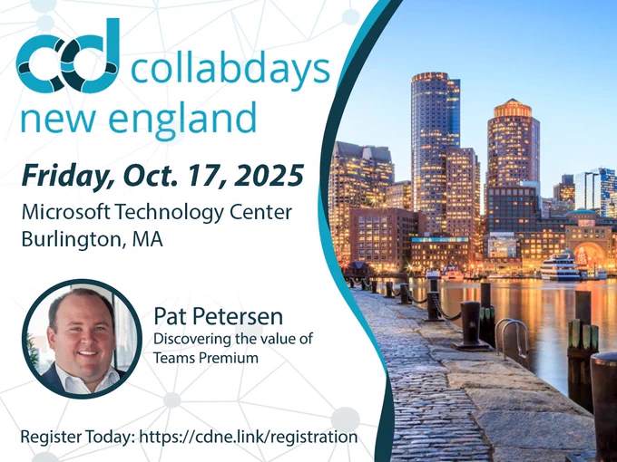 Promotional image for Pat Petersen's session at CollabDays NE. Image includes event and session details on the left and an image of downtown Boston on the right.