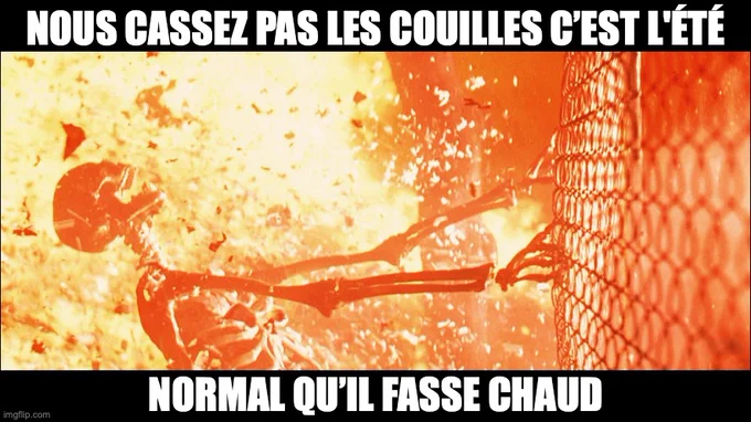 un squelette humain achève de se consumer dans les flammes d'une gigantesque explosion. La légende dit ne nous cassez pas les couilles c'est l'été, normal qu'il fasse chaud.
