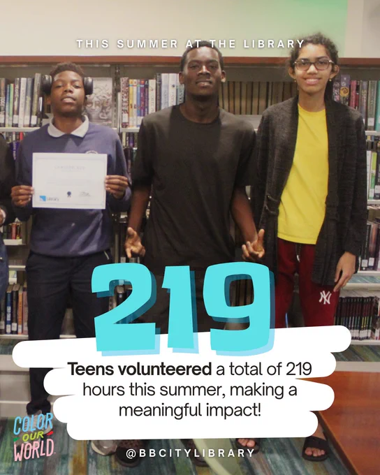Three teenagers standing in the library, one holding a certificate. Large turquoise text reads “219 – Teens volunteered a total of 219 hours this summer, making a meaningful impact!” Boynton Beach City Library logo and “Color Our World” branding included.