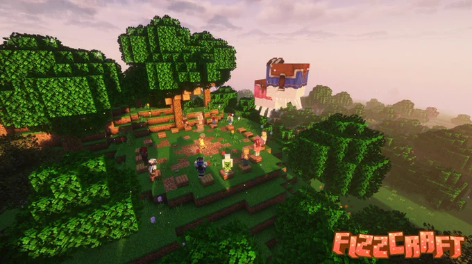 An in game Minecraft screenshot in Fizzcraft, with members standing in the spawn campfire circle. Two happy ghasts are flying in the air. The Fizzcraft logo is in the bottom right. 