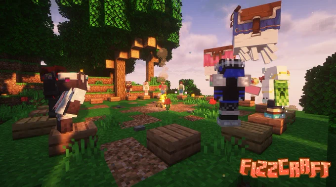 An in game Minecraft screenshot in Fizzcraft, with members standing in the spawn campfire circle. Two happy ghasts are flying in the air. The Fizzcraft logo is in the bottom right. 