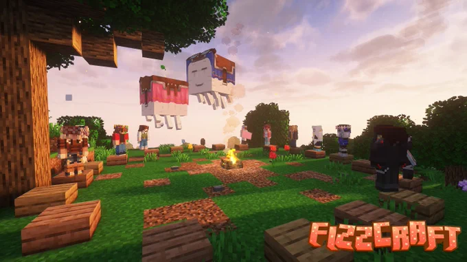 An in game Minecraft screenshot in Fizzcraft, with members standing in the spawn campfire circle. Two happy ghasts are flying in the air. The Fizzcraft logo is in the bottom right. 
