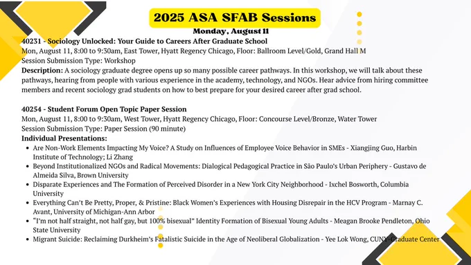 Flyer titled “2025 ASA SFAB Sessions” in yellow highlight, with black-and-yellow arrow graphics. Monday, August 11 sessions listed. 

40231 - Sociology Unlocked: Your Guide to Careers After Graduate School: Workshop, 8–9:30am, East Tower, Hyatt Regency Chicago, Ballroom Level/Gold, Grand Hall M. 
Covers career pathways in academia, technology, and NGOs with advice from hiring committee members and recent grads. 

40254 - Student Forum Open Topic Paper Session: 8–9:30am, West Tower, Concourse Level/Bronze, Water Tower Room. 
Presentations: employee voice behavior in SMEs; radical movements in São Paulo; perceived disorder in NYC; housing disrepair and Black women’s experiences; bisexual identity formation; migrant suicide and Durkheim’s theory.