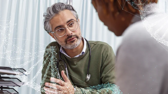 Clinician meeting a patient. The clinician is explaining something. A translucent DNA strand is overlayed and framing the interaction.