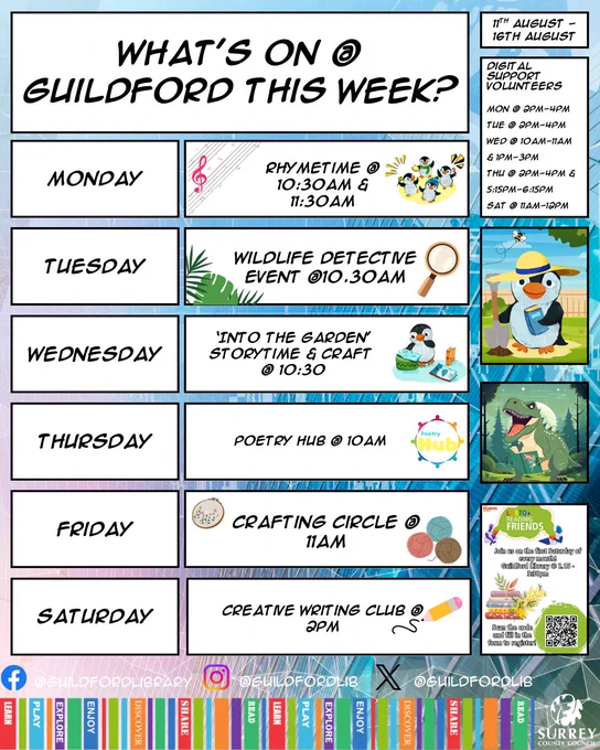 A diagram depicting what's happening at Guildford library this week, covering Monday to Saturday, on the right there is the list of all digital support volunteer appointments. Monday 2pm till 4 pm, Wednesday 10am till 11am, Thursday 2pm till 4pm Friday 2pm till 4pm and Saturday 11am till 12pm. There is an image of a poster advertising LGBTQ  reading friends and there is a graphic with a dinosaur reading a book and Pebble the penguin dressed for gardening.