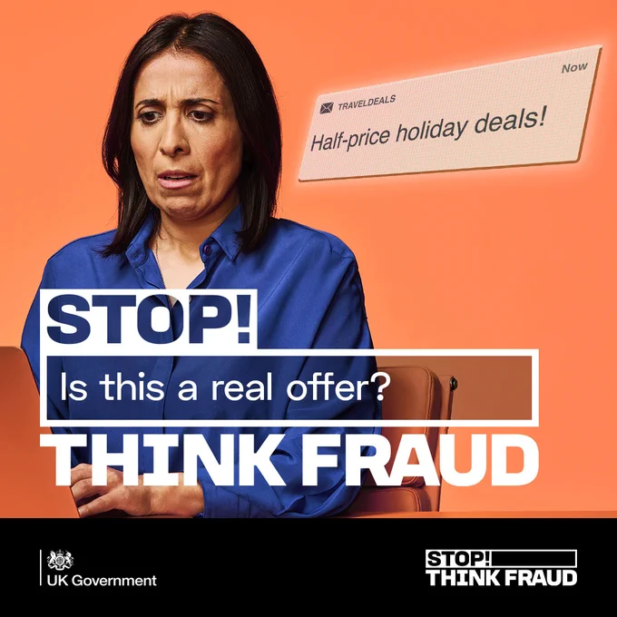 A woman uses a laptop and a message box reads Half price holiday deals! Headline reads STOP! Is this a real offer? THINK FRAUD