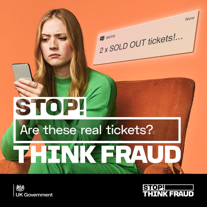 A young woman uses smartphone and message box 2 x SOLD OUT tickets! Headline reads STOP! Are these real tickets? THINK FRAUD 