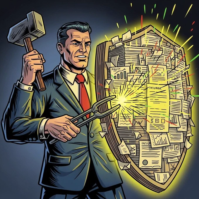 An AI generated illustration for the article, based on the idea of an insurer forging their own protection in a complex regulatory environment.