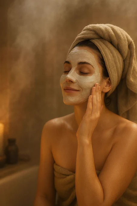 AI-generated image of a serene woman applying a creamy face mask in a cosy bathroom setting, with soft lighting and steam rising.