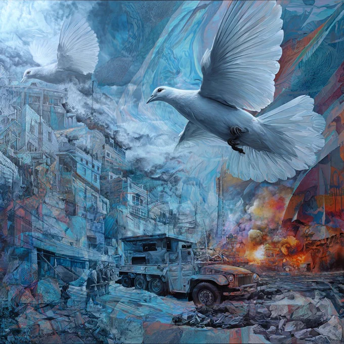 Two white doves soar above a war-torn cityscape, their wings illuminated against a backdrop of destruction. Below, crumbling buildings, smoke, and rubble fill the streets as armored vehicles and abandoned cars sit among debris. In the distance, orange and red explosions contrast with the cool blue tones of the city, symbolizing a fragile hope for peace amid chaos.