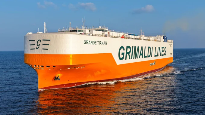 Grimaldi Group names first ammonia-ready PCTC Grande Tianjin in Shanghai, marking 600th SWS ship and expanded Leapmotor partnership.