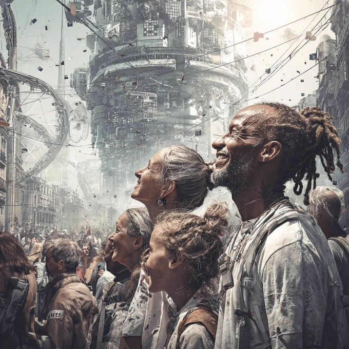  A large crowd of people awaiting in a dystopic city of the future with joy for the arrival of those fighting for their liberation from systemic oppression.