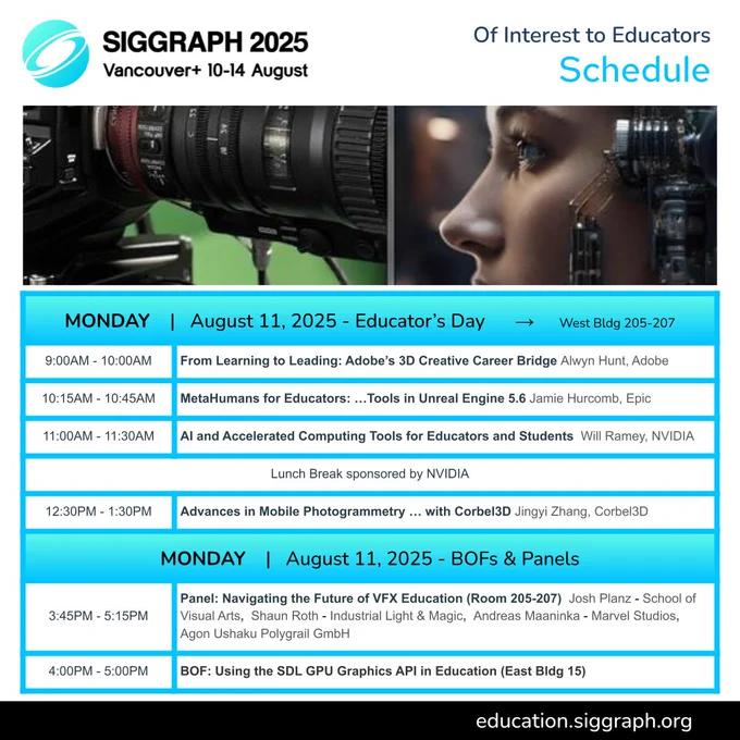 Graphic with photos of a camera lens close up and a human with mechanical components near their eye. Text includes a table with Monday's schedule, isolating events of interest to educators: Educator's Day in West Bldg 205-207; 3:45pm Panel Navigating the Future of VFX in West Room 205-207; and BOF at 4pm Using the SDL GPU Graphics API in Education (East Bldg 15).