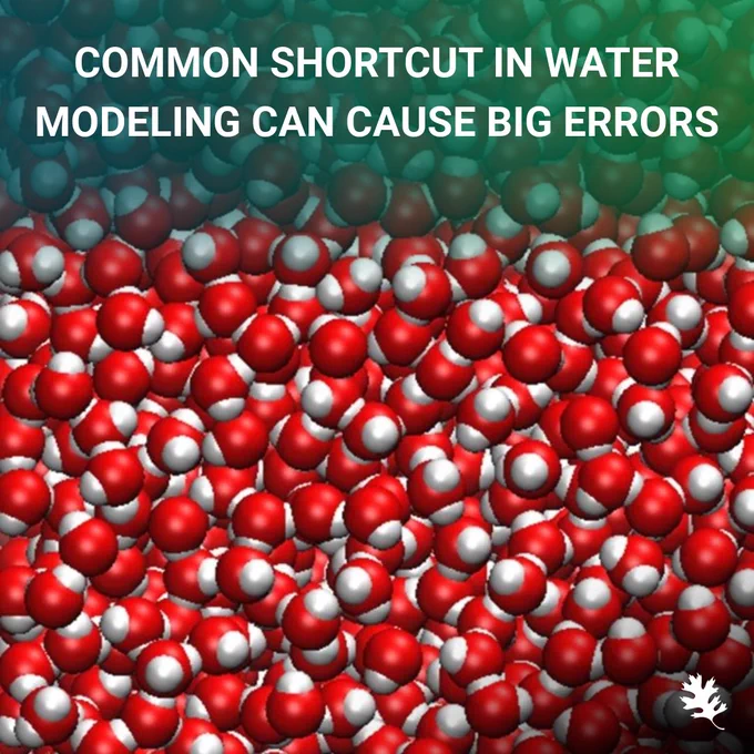 Visual representation of water molecules with a headline stating 'Common shortcut in water modeling can cause big errors.' The image is a 3D molecular model with red and white spheres.
