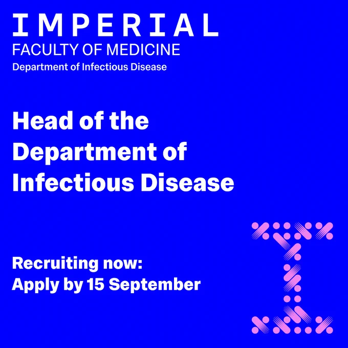 Blue graphic with white text: Recruiting now: Head of the Department of Infectious Disease. Apply by 15 September.
