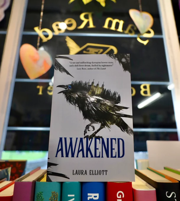 Laura’s book Awakened sitting on top of a row of books. The cover features a creepy raven with a blue eye bearing the Tower of London on its back