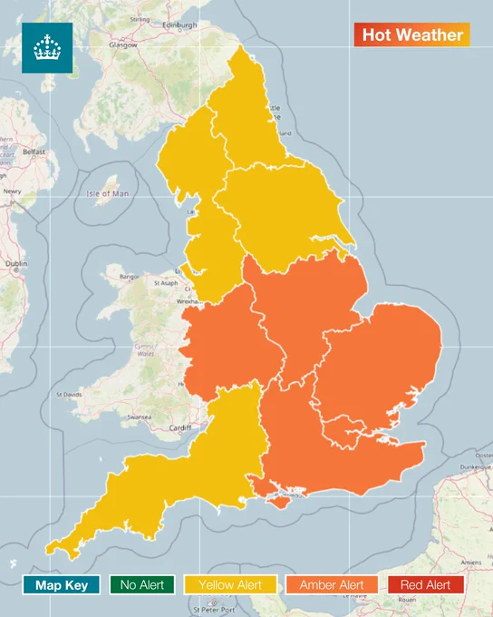 A map depicting where the Yellow and Amber and Heat Health Alerts are across England.