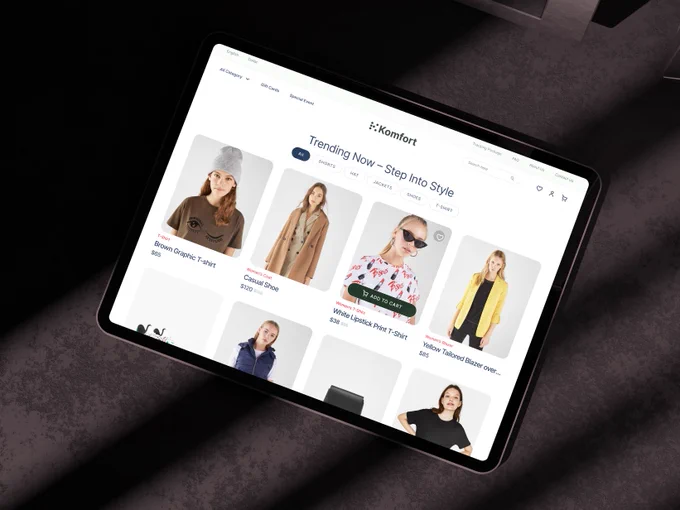 Modern fashion e-commerce website UI design for Komfort, featuring a clean hero banner with seasonal style promotion, product categories for laid-back and everyday looks, and a trending section showcasing apparel, shoes, bags, and accessories. Minimal, responsive, and user-friendly layout designed for a seamless online shopping experience.

#UIUX

#EcommerceDesign

#FashionDesign

#WebDesign

#OnlineStore

#LandingPage

#FashionWebsite

#MinimalDesign

#ResponsiveDesign

#ModernUI

#UIDesign

#CreativeDesign

#UserExperience

#WebsiteDesign

#InterfaceDesign

#RetailDesign

#ShoppingWebsite

#ProductPage

#WebUI

#DribbbleShots