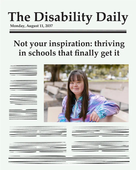 Cover of The Disability Daily newspaper (a fictional newspaper) dated Monday, August 11, 2037, featuring a headline ‘Not your inspiration: thriving in schools that finally get it' and an image of a smiling person seated outdoors, wearing a tie-dye jacket.  