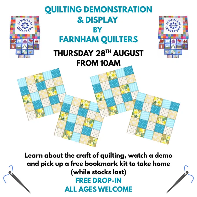 A graphic advertising a Quilting Demonstration and Display by Farnham Quilters at Farnham Library.
 