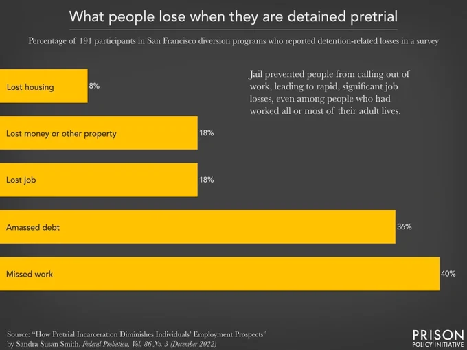 Graph showing what people lose when they are detained. Of the 191 participants in a survey, 8% lost housing, 18% lost money/other property, 18% lost job, 36% amassed debt, and 40% missed work