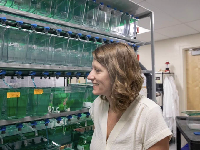 A person smiling while observing rows of tanks containing aquatic plants in a laboratory setting.