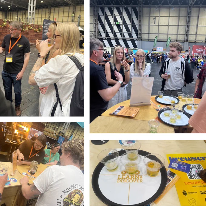 Four images at CAMRAs Great British Beer Festival Discovery Zone divided by three white lines across the graphic. A tray of four samples of beer is in the bottom right while the other three images capture volunteers delivering tastings to festivalgoers.