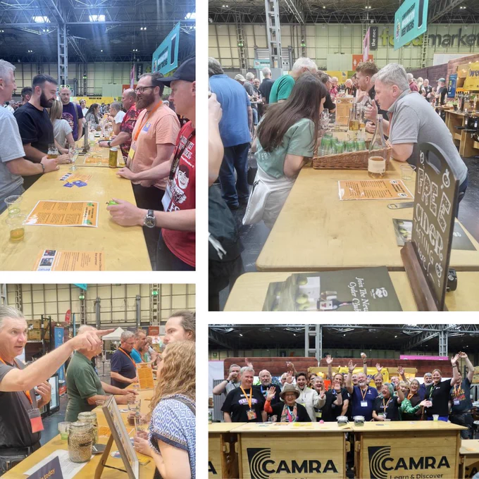 Four images at CAMRAs Great British Beer Festival Discovery Zone divided by three white lines across the graphic. CAMRA volunteers smile behind the bar in the bottom right image while the other three images capture volunteers delivering tastings to festivalgoers.