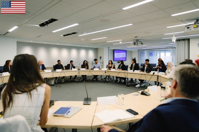 A group of Alumni Fellows and stakeholders sit around a large U-shaped conference table engaged in discussion during the Alumni Summit in Washington, DC. 
