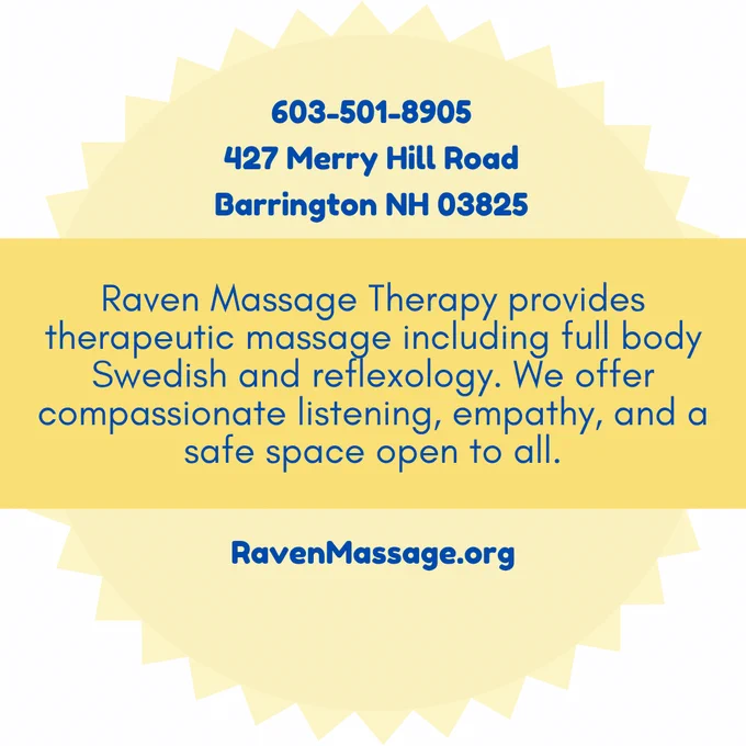 An all-gold version of ASP’s Community Partner seal on a white background, with text over the seal. Text is broken into three sections.

The first section of text reads:
“603-501-8905
427 Merry Hill Road
Barrington NH 03825”

The second section reads:
“Raven Massage Therapy provides therapeutic massage including full body Swedish and reflexology. We offer compassionate listening, empathy, and a safe space open to all.”

The third section shows the URL “RavenMassage.org”