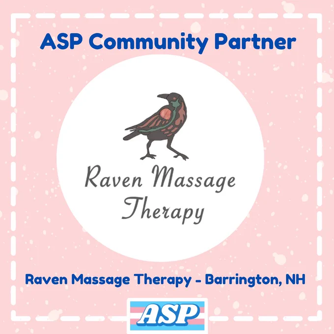 A circle with the Raven Massage logo on a pink background, with text above and below. ASP logo is at the bottom. A white dotted line creates a border. Text above reads: “ASP Community Partner'' and text below reads: “Raven Massage Therapy - Barrington NH”